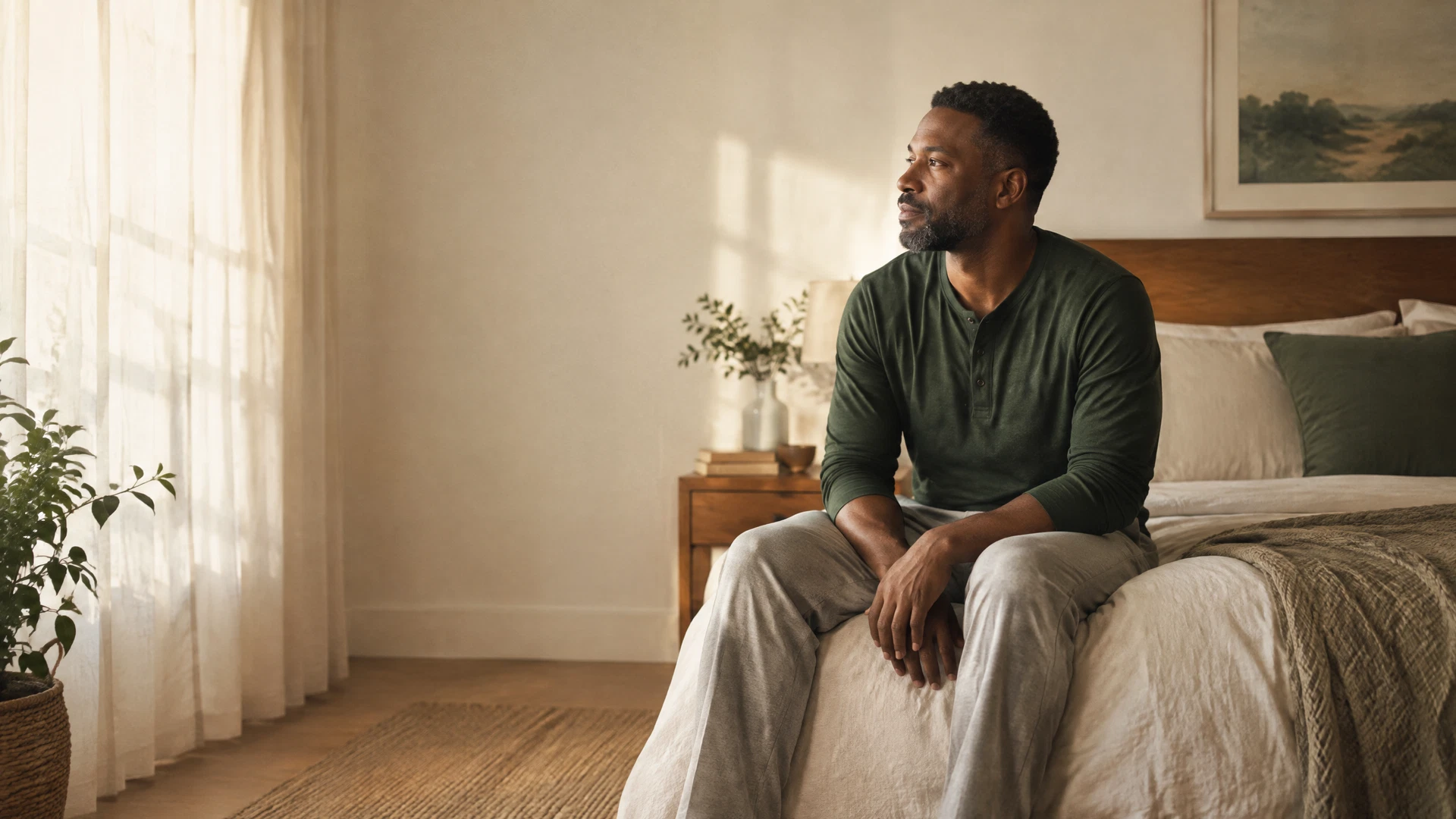 Adult man sitting quietly on the edge of a bed in soft dawn light